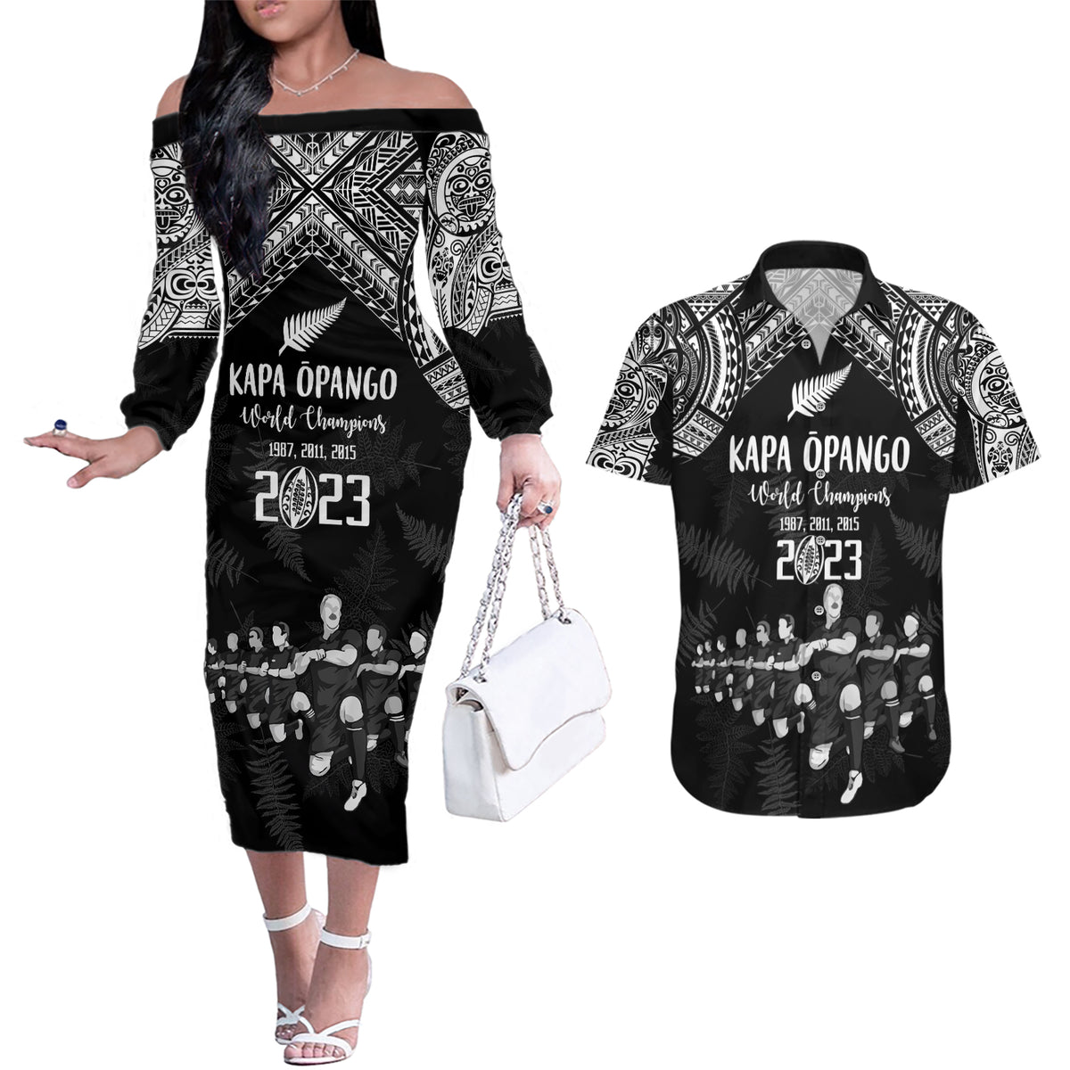 NZ Rugby Couples Matching Off The Shoulder Long Sleeve Dress and Hawaiian Shirt Kapa Opango Maori Haka With Years of The All Black Champions LT9 - Wonder Print Shop