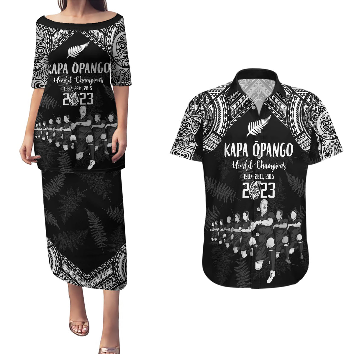 NZ Rugby Couples Matching Puletasi Dress and Hawaiian Shirt Kapa Opango Maori Haka With Years of The All Black Champions LT9 - Wonder Print Shop