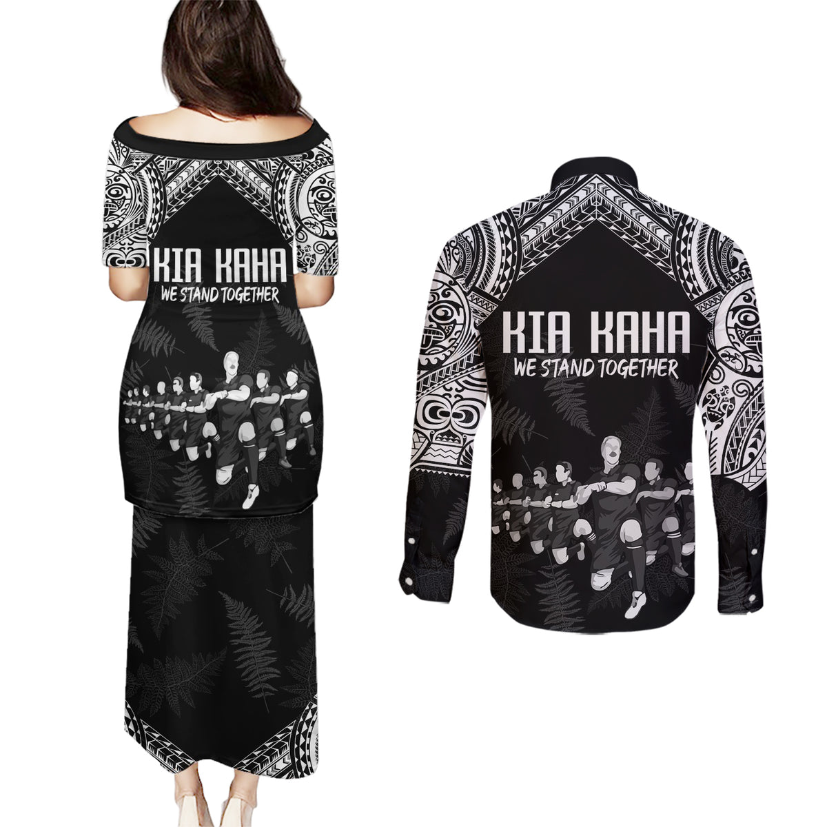 NZ Rugby Couples Matching Puletasi Dress and Long Sleeve Button Shirt Kapa Opango Maori Haka With Years of The All Black Champions LT9 - Wonder Print Shop