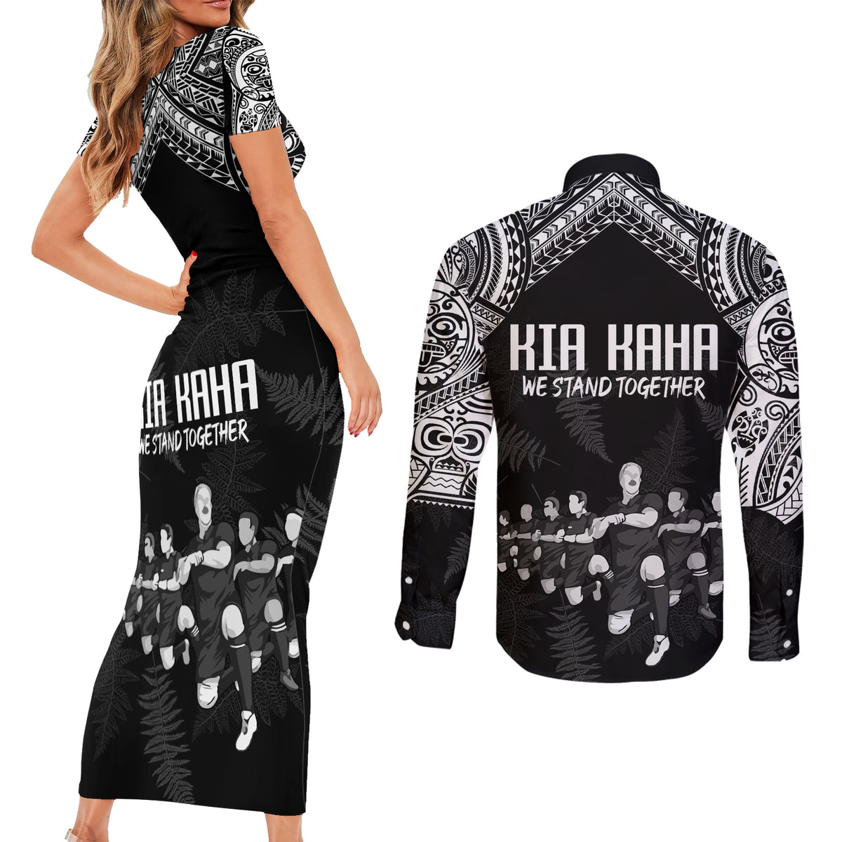 NZ Rugby Couples Matching Short Sleeve Bodycon Dress and Long Sleeve Button Shirt Kapa Opango Maori Haka With Years of The All Black Champions LT9 - Wonder Print Shop