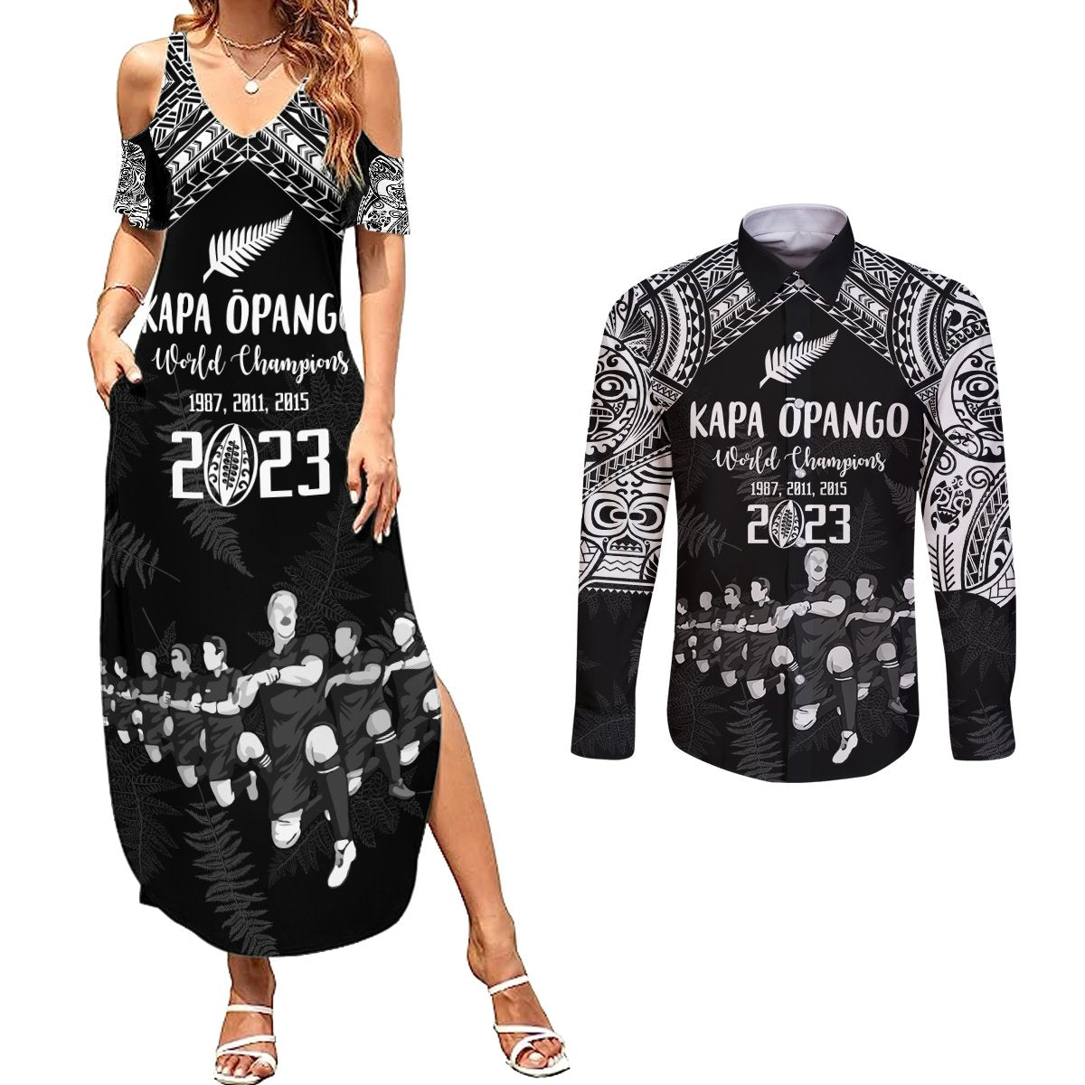 NZ Rugby Couples Matching Summer Maxi Dress and Long Sleeve Button Shirt Kapa Opango Maori Haka With Years of The All Black Champions LT9 - Wonder Print Shop