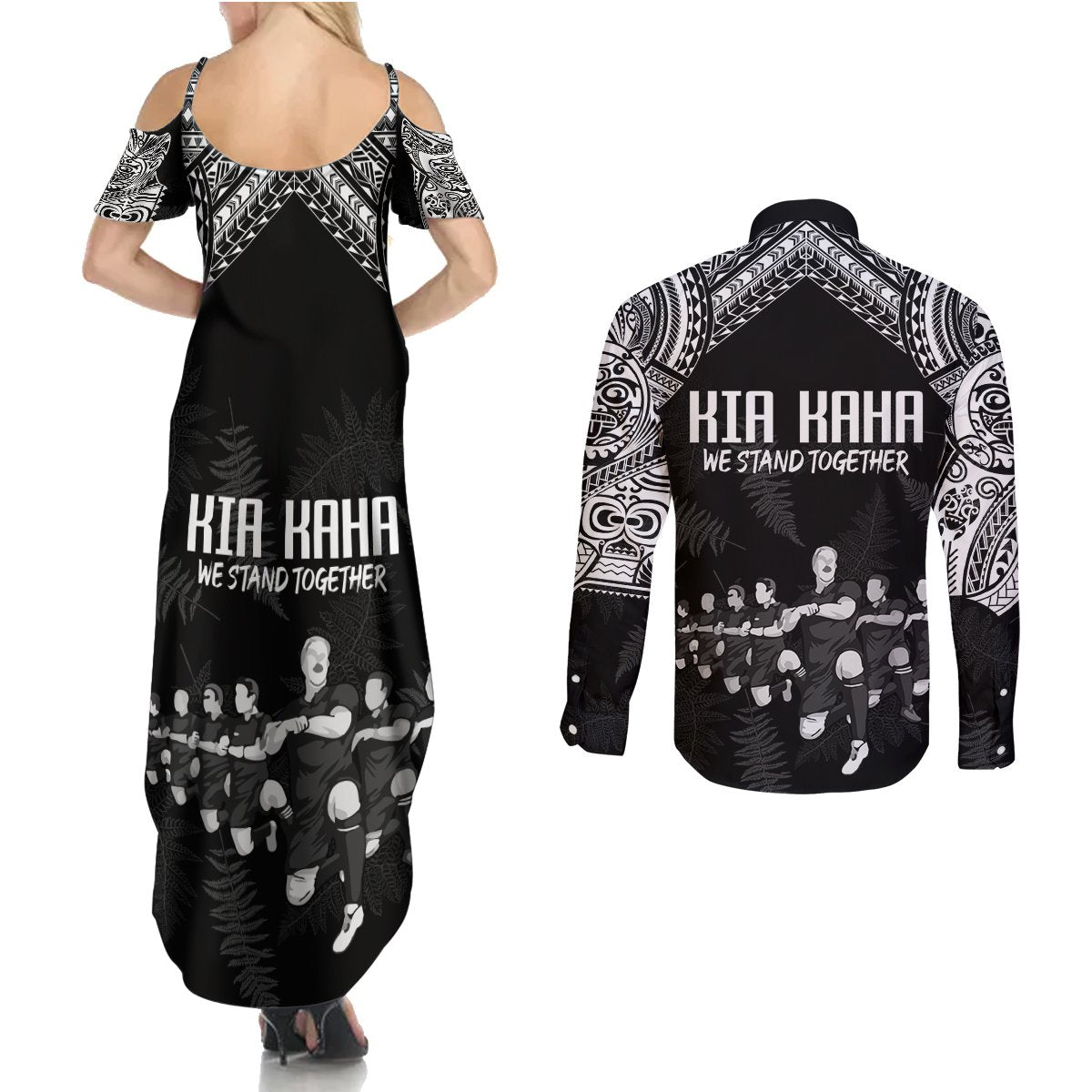 NZ Rugby Couples Matching Summer Maxi Dress and Long Sleeve Button Shirt Kapa Opango Maori Haka With Years of The All Black Champions LT9 - Wonder Print Shop