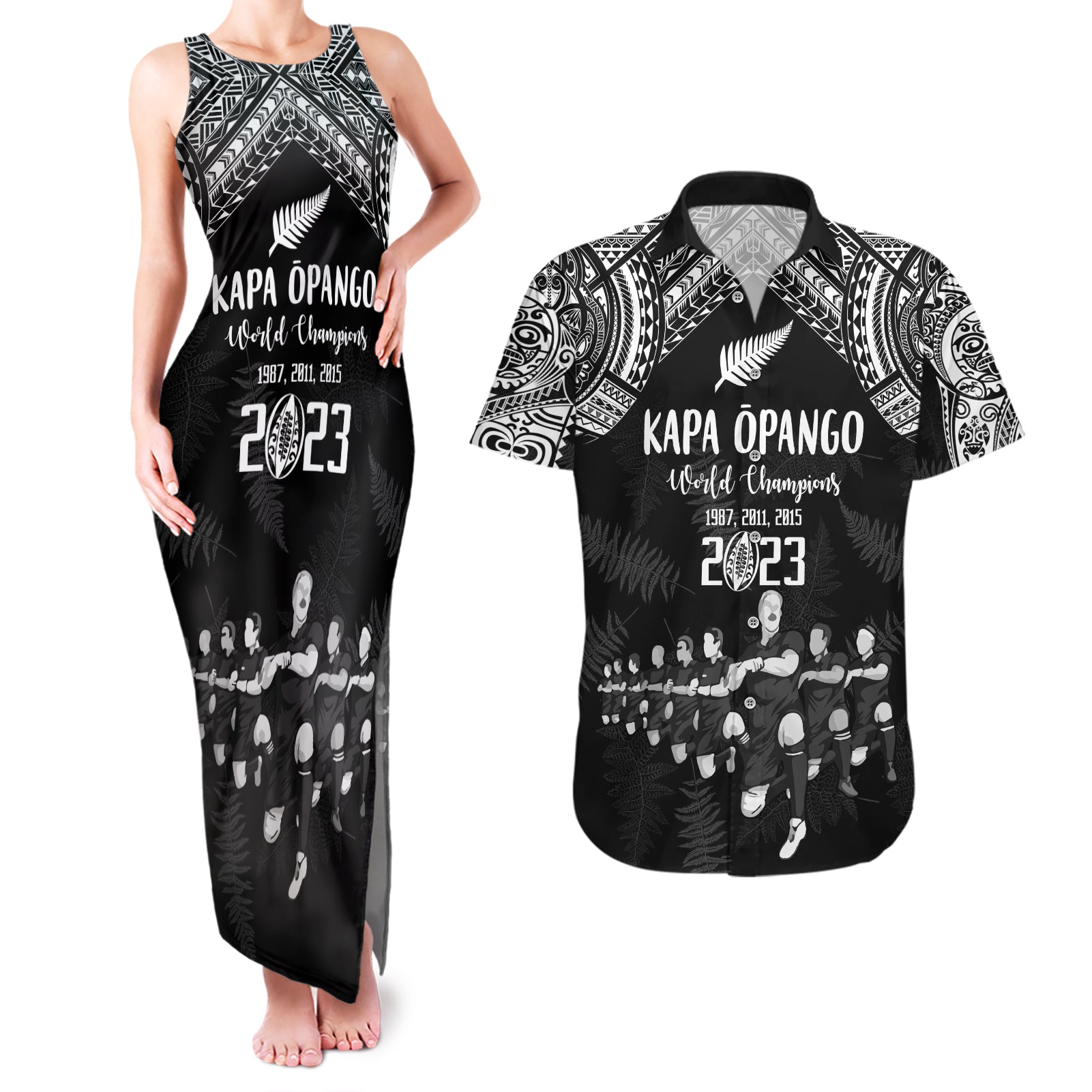 NZ Rugby Couples Matching Tank Maxi Dress and Hawaiian Shirt Kapa Opango Maori Haka With Years of The All Black Champions LT9 - Wonder Print Shop