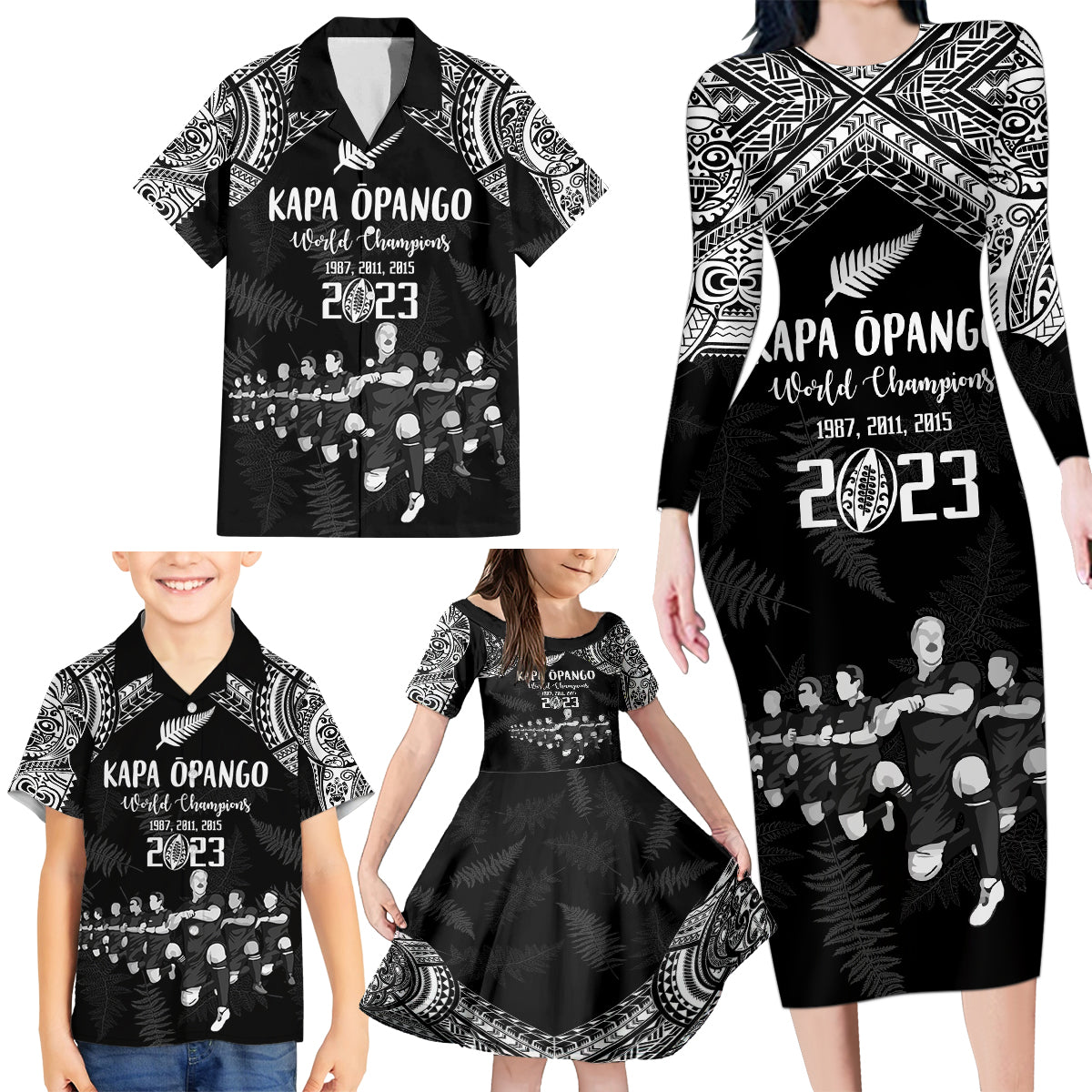 NZ Rugby Family Matching Long Sleeve Bodycon Dress and Hawaiian Shirt Kapa Opango Maori Haka With Years of The All Black Champions LT9 - Wonder Print Shop
