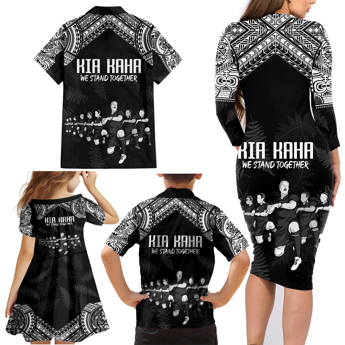 NZ Rugby Family Matching Long Sleeve Bodycon Dress and Hawaiian Shirt Kapa Opango Maori Haka With Years of The All Black Champions LT9 - Wonder Print Shop
