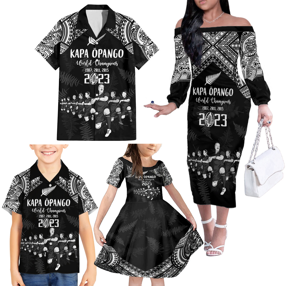 NZ Rugby Family Matching Off Shoulder Long Sleeve Dress and Hawaiian Shirt Kapa Opango Maori Haka With Years of The All Black Champions - Wonder Print Shop