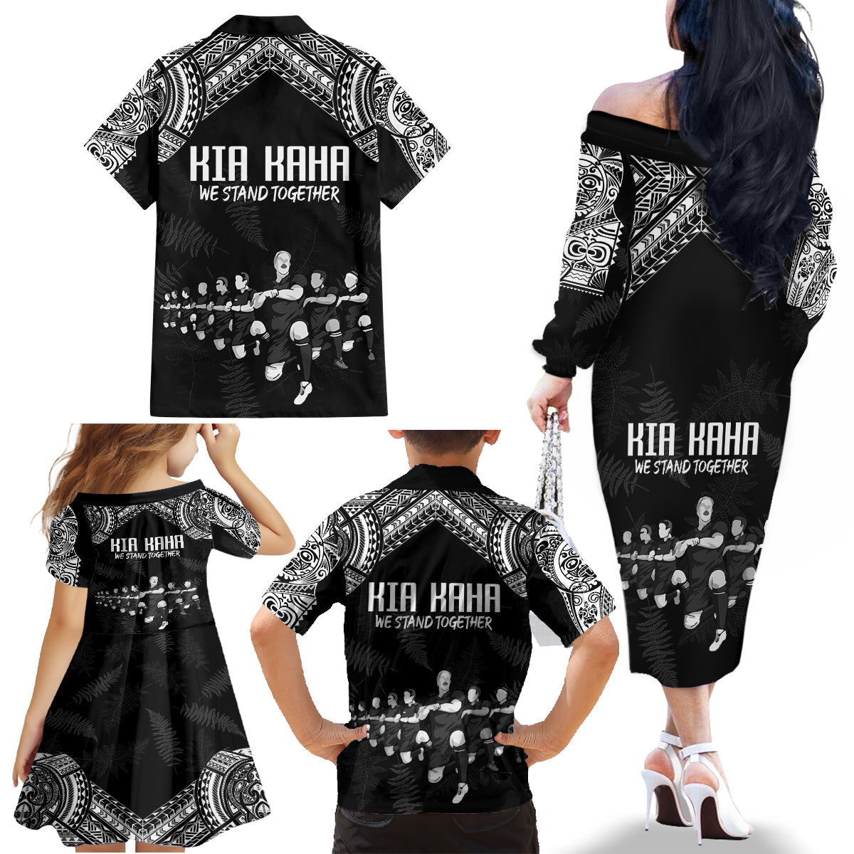 NZ Rugby Family Matching Off Shoulder Long Sleeve Dress and Hawaiian Shirt Kapa Opango Maori Haka With Years of The All Black Champions - Wonder Print Shop