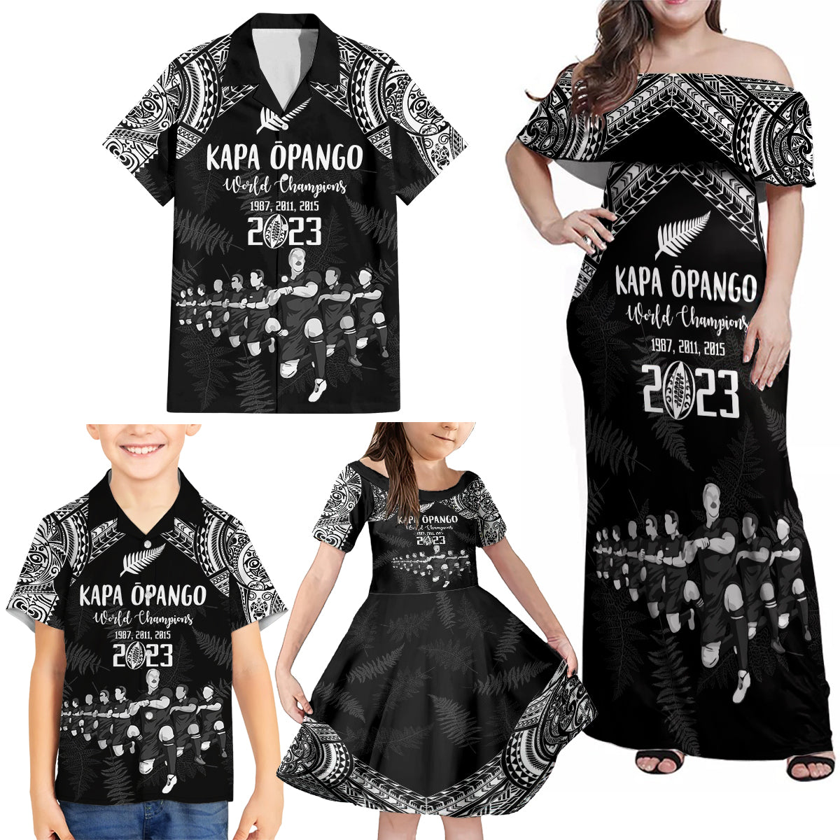 NZ Rugby Family Matching Off Shoulder Maxi Dress and Hawaiian Shirt Kapa Opango Maori Haka With Years of The All Black Champions LT9 - Wonder Print Shop