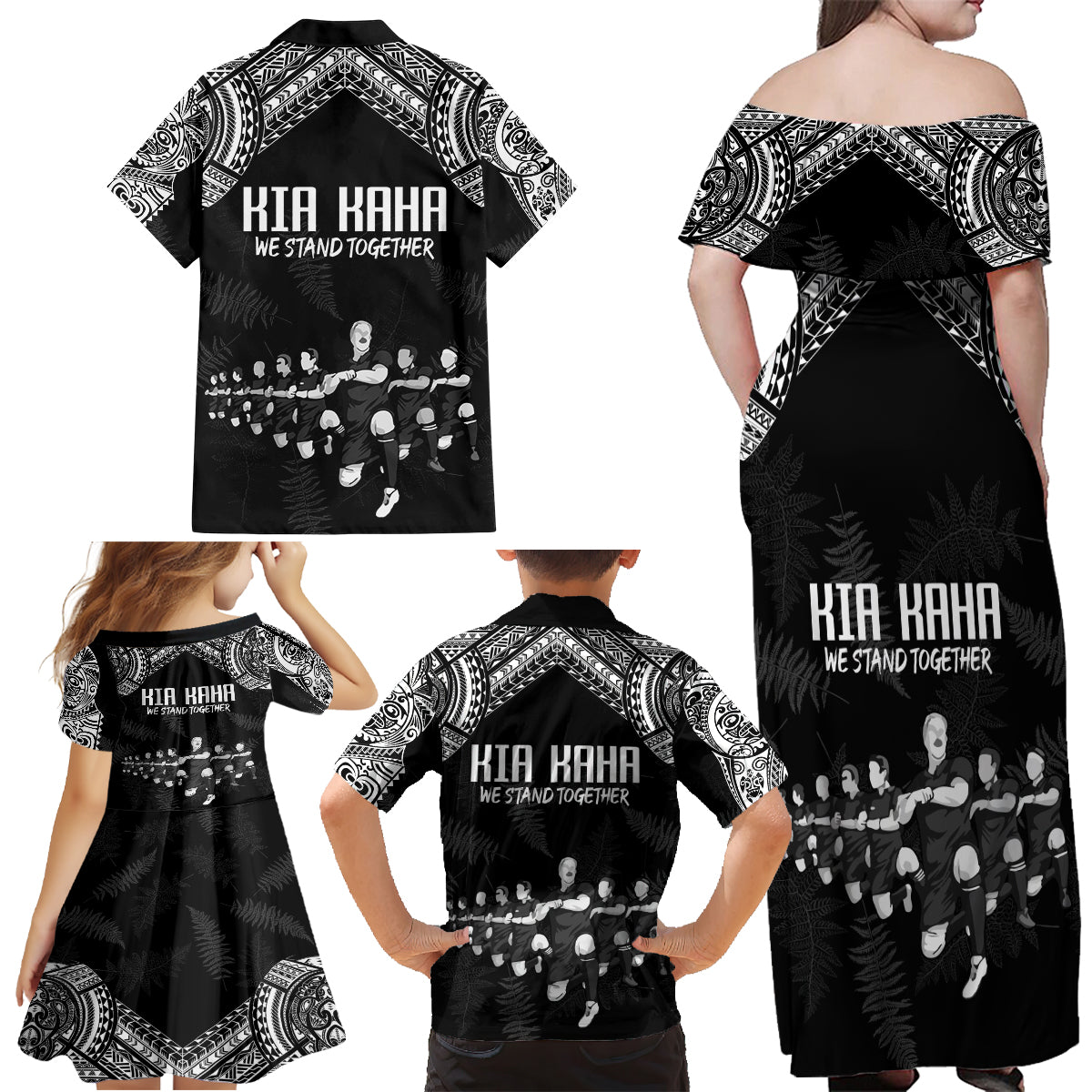 NZ Rugby Family Matching Off Shoulder Maxi Dress and Hawaiian Shirt Kapa Opango Maori Haka With Years of The All Black Champions LT9 - Wonder Print Shop