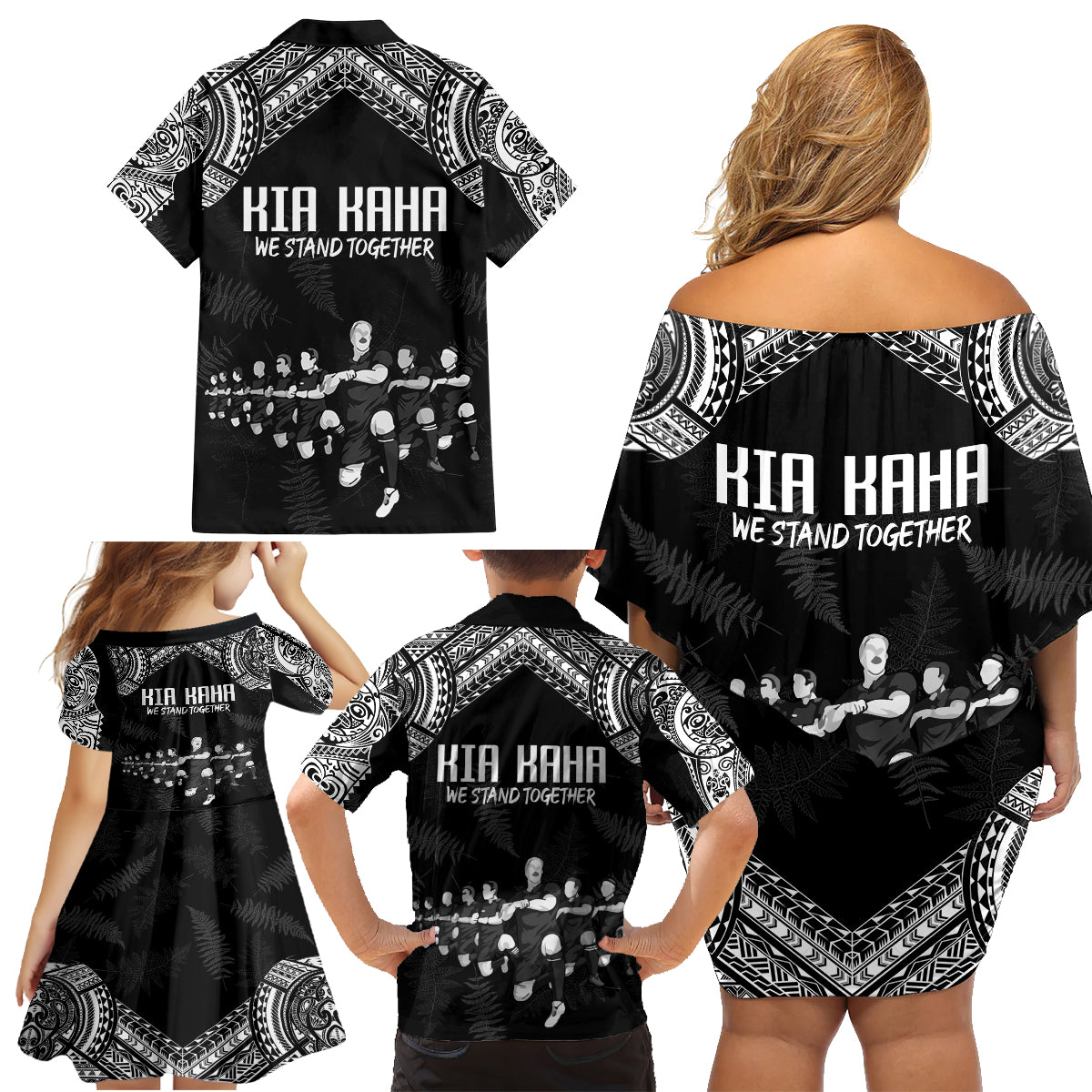 NZ Rugby Family Matching Off Shoulder Short Dress and Hawaiian Shirt Kapa Opango Maori Haka With Years of The All Black Champions LT9 - Wonder Print Shop