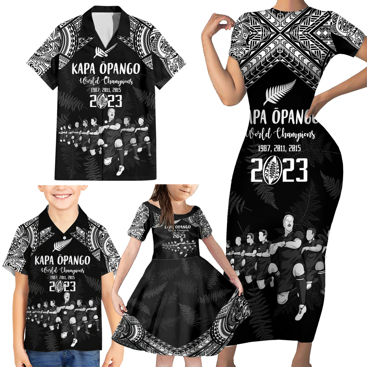 NZ Rugby Family Matching Short Sleeve Bodycon Dress and Hawaiian Shirt Kapa Opango Maori Haka With Years of The All Black Champions - Wonder Print Shop