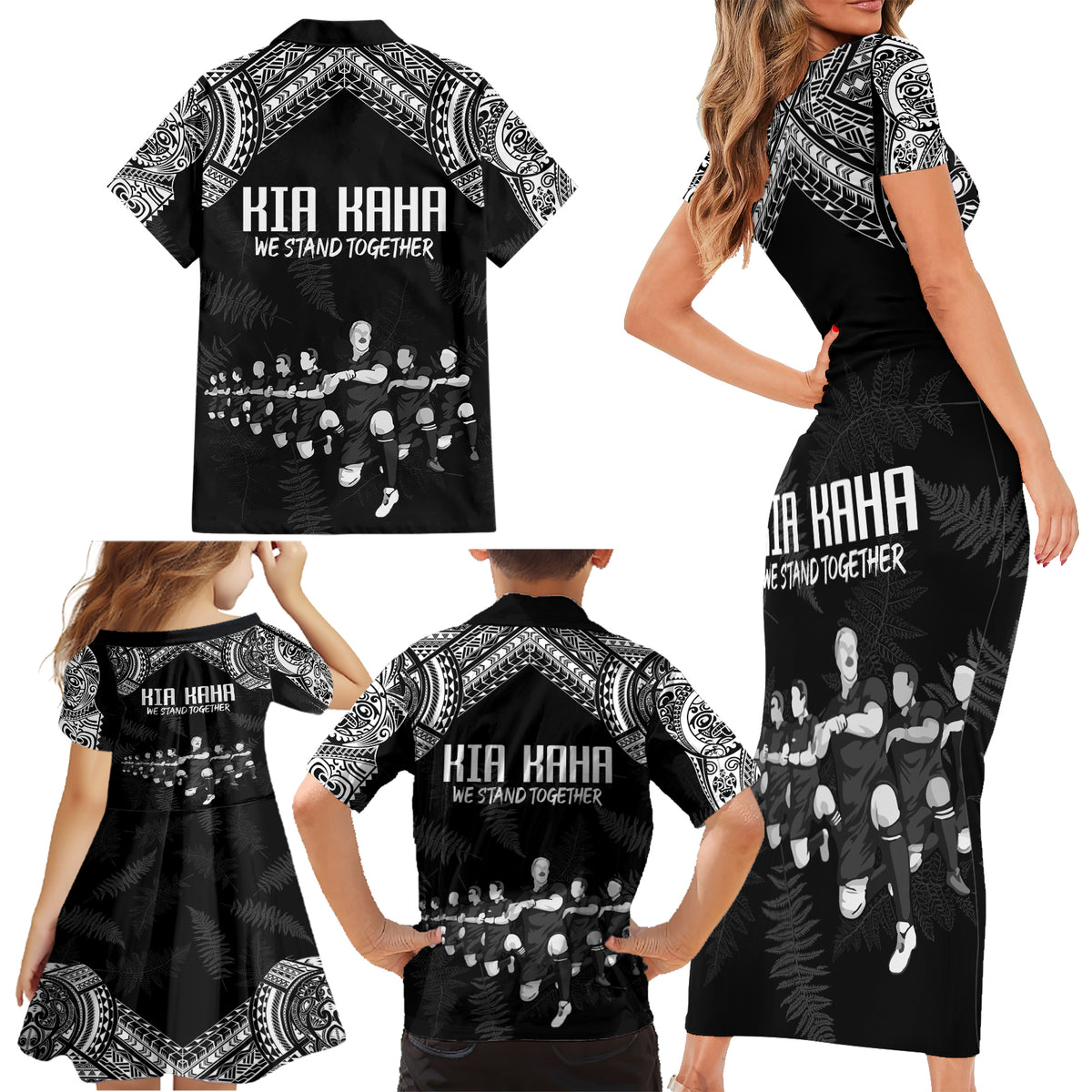 NZ Rugby Family Matching Short Sleeve Bodycon Dress and Hawaiian Shirt Kapa Opango Maori Haka With Years of The All Black Champions - Wonder Print Shop