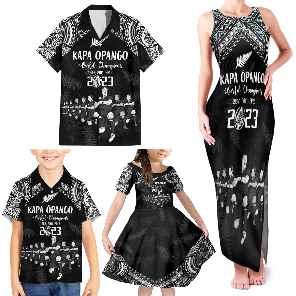 NZ Rugby Family Matching Tank Maxi Dress and Hawaiian Shirt Kapa Opango Maori Haka With Years of The All Black Champions - Wonder Print Shop