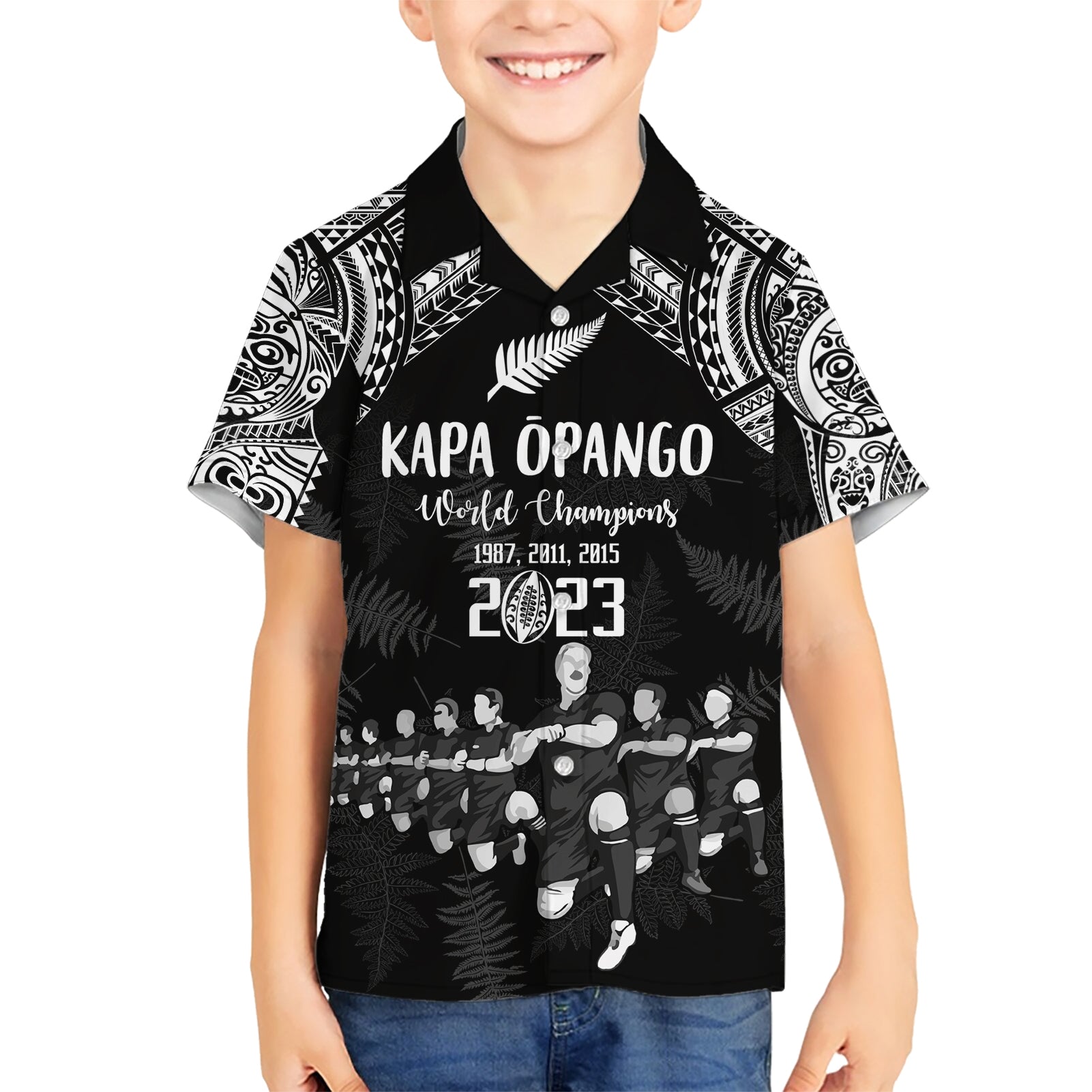 NZ Rugby Kid Hawaiian Shirt Kapa Opango Maori Haka With Years of The All Black Champions - Wonder Print Shop