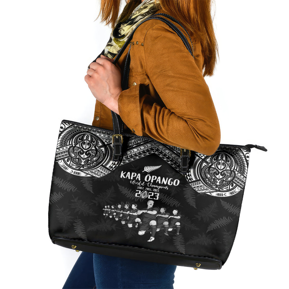 NZ Rugby Leather Tote Bag Kapa Opango Maori Haka With Years of The All Black Champions - Wonder Print Shop