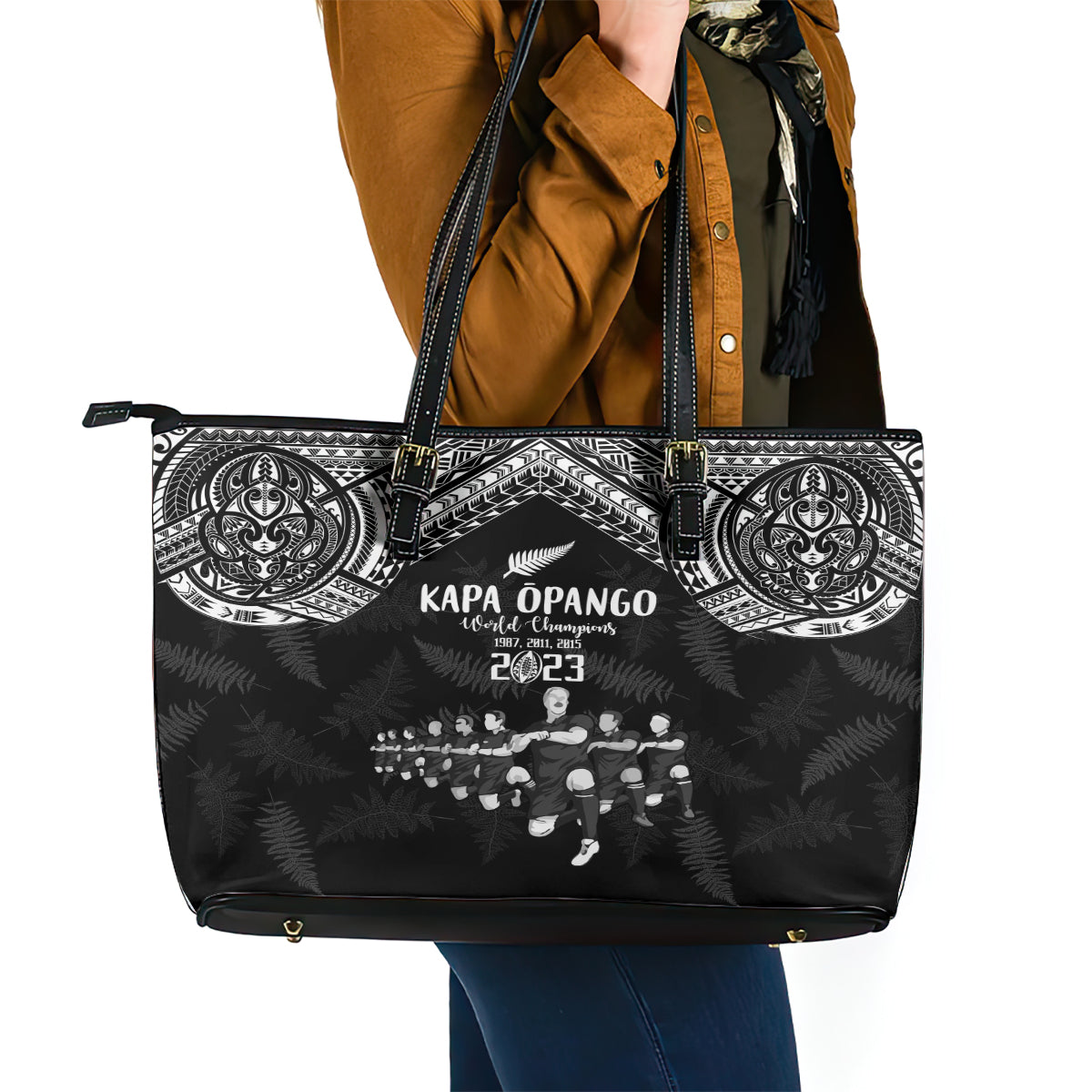 NZ Rugby Leather Tote Bag Kapa Opango Maori Haka With Years of The All Black Champions - Wonder Print Shop