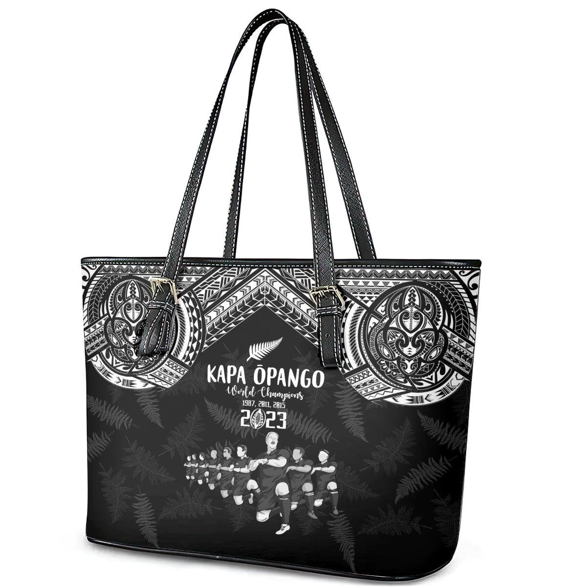 NZ Rugby Leather Tote Bag Kapa Opango Maori Haka With Years of The All Black Champions - Wonder Print Shop