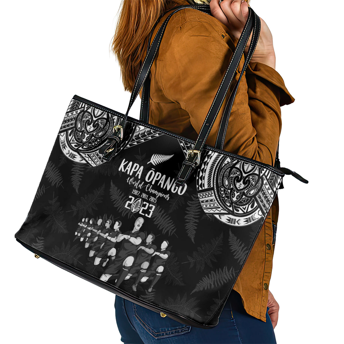 NZ Rugby Leather Tote Bag Kapa Opango Maori Haka With Years of The All Black Champions - Wonder Print Shop