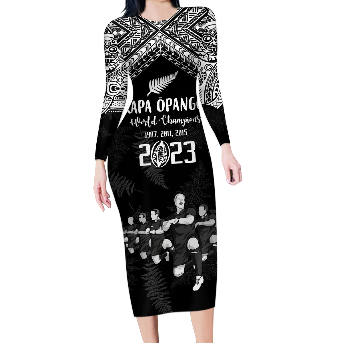 NZ Rugby Long Sleeve Bodycon Dress Kapa Opango Maori Haka With Years of The All Black Champions - Wonder Print Shop