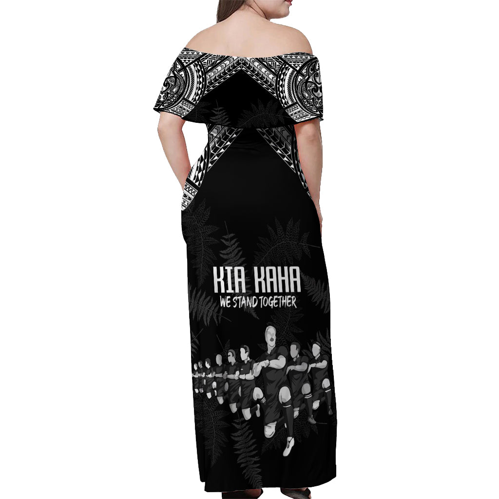NZ Rugby Off Shoulder Maxi Dress Kapa Opango Maori Haka With Years of The All Black Champions - Wonder Print Shop