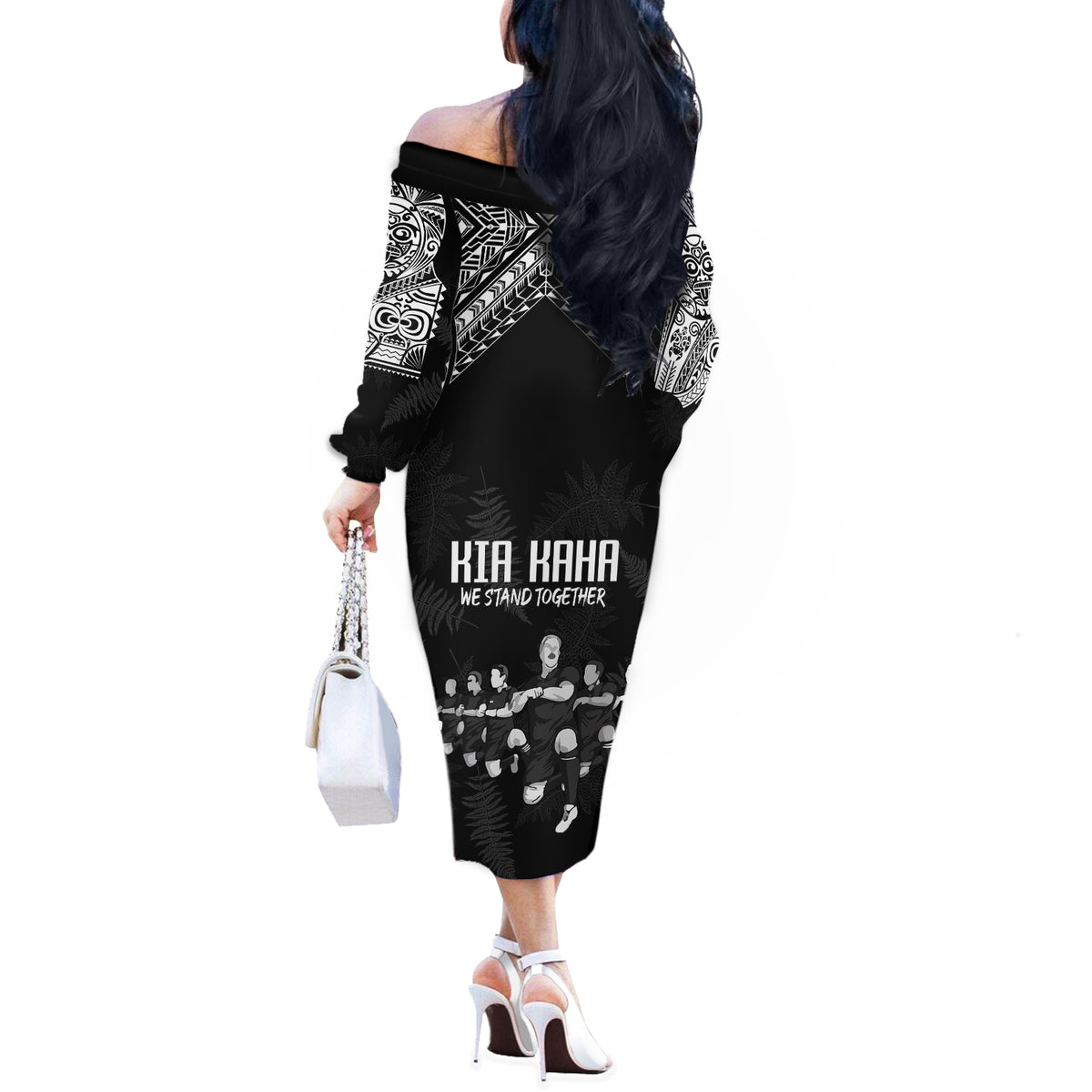 NZ Rugby Off The Shoulder Long Sleeve Dress Kapa Opango Maori Haka With Years of The All Black Champions - Wonder Print Shop