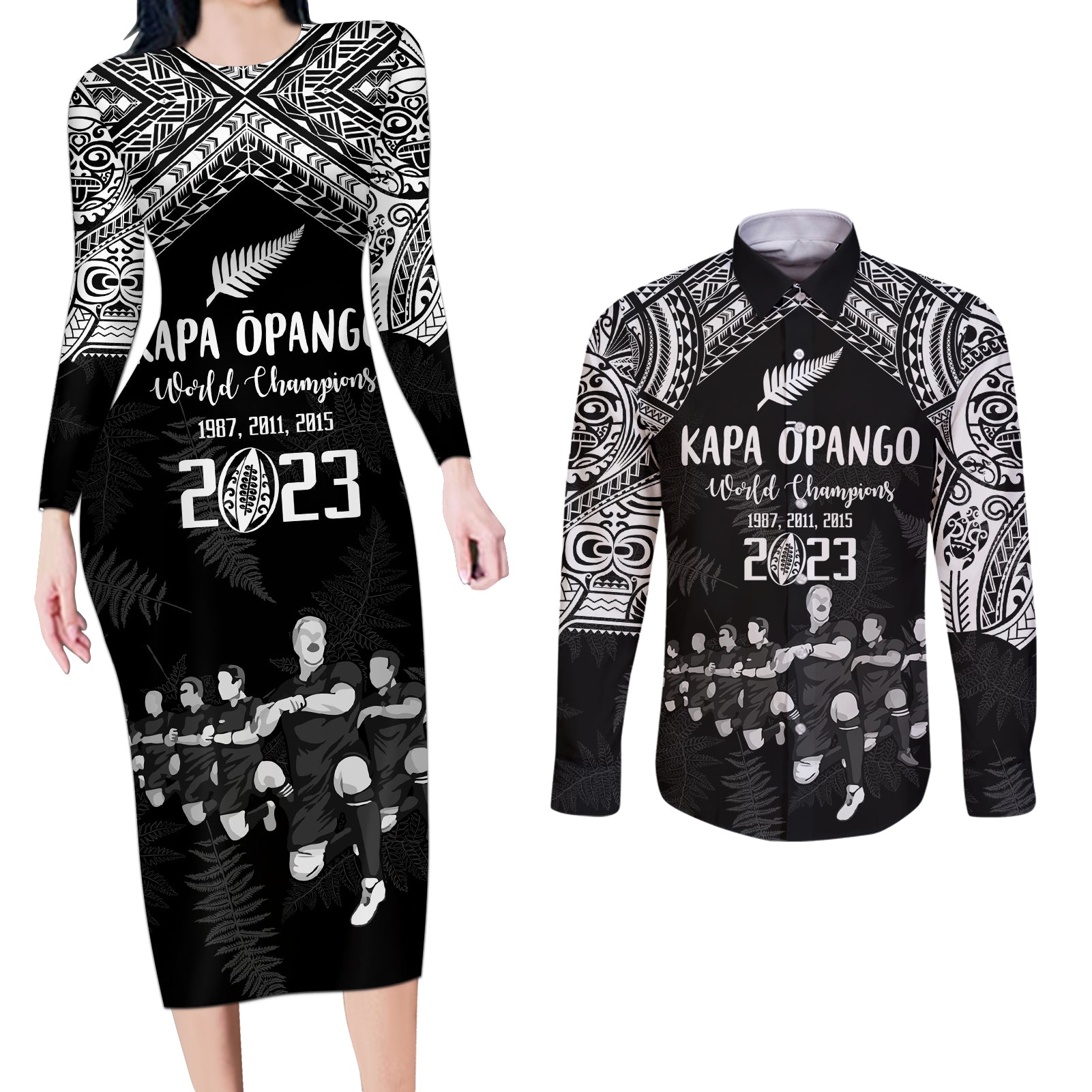 Custom NZ Rugby Couples Matching Long Sleeve Bodycon Dress and Long Sleeve Button Shirt Kapa Opango Maori Haka With Years of The All Black Champions LT9 - Wonder Print Shop