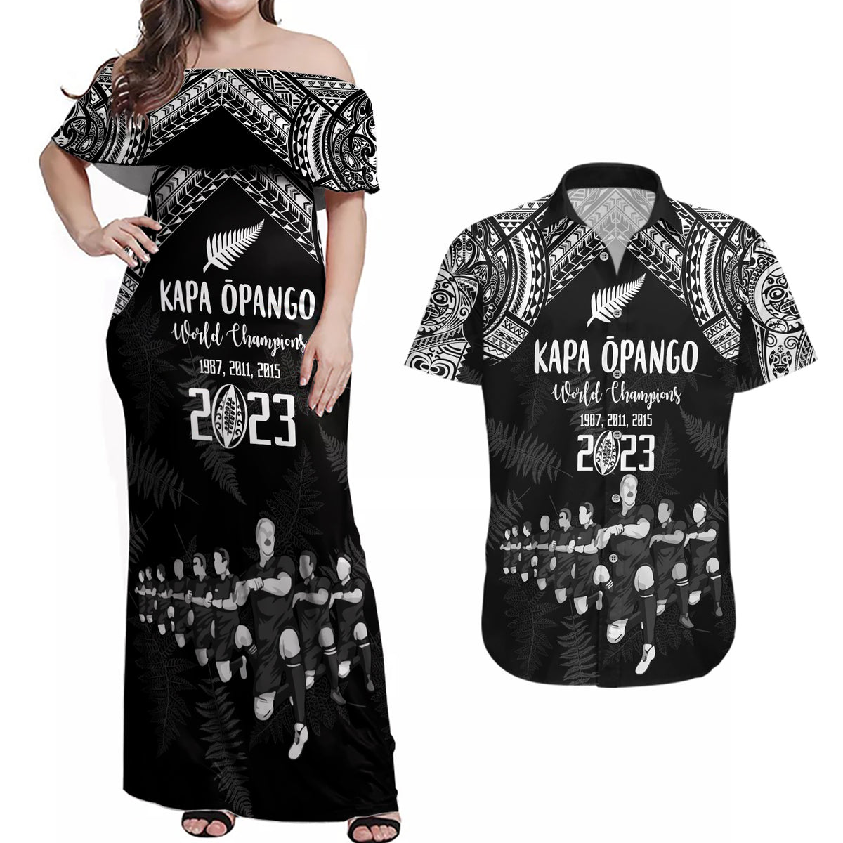 Custom NZ Rugby Couples Matching Off Shoulder Maxi Dress and Hawaiian Shirt Kapa Opango Maori Haka With Years of The All Black Champions LT9 - Wonder Print Shop