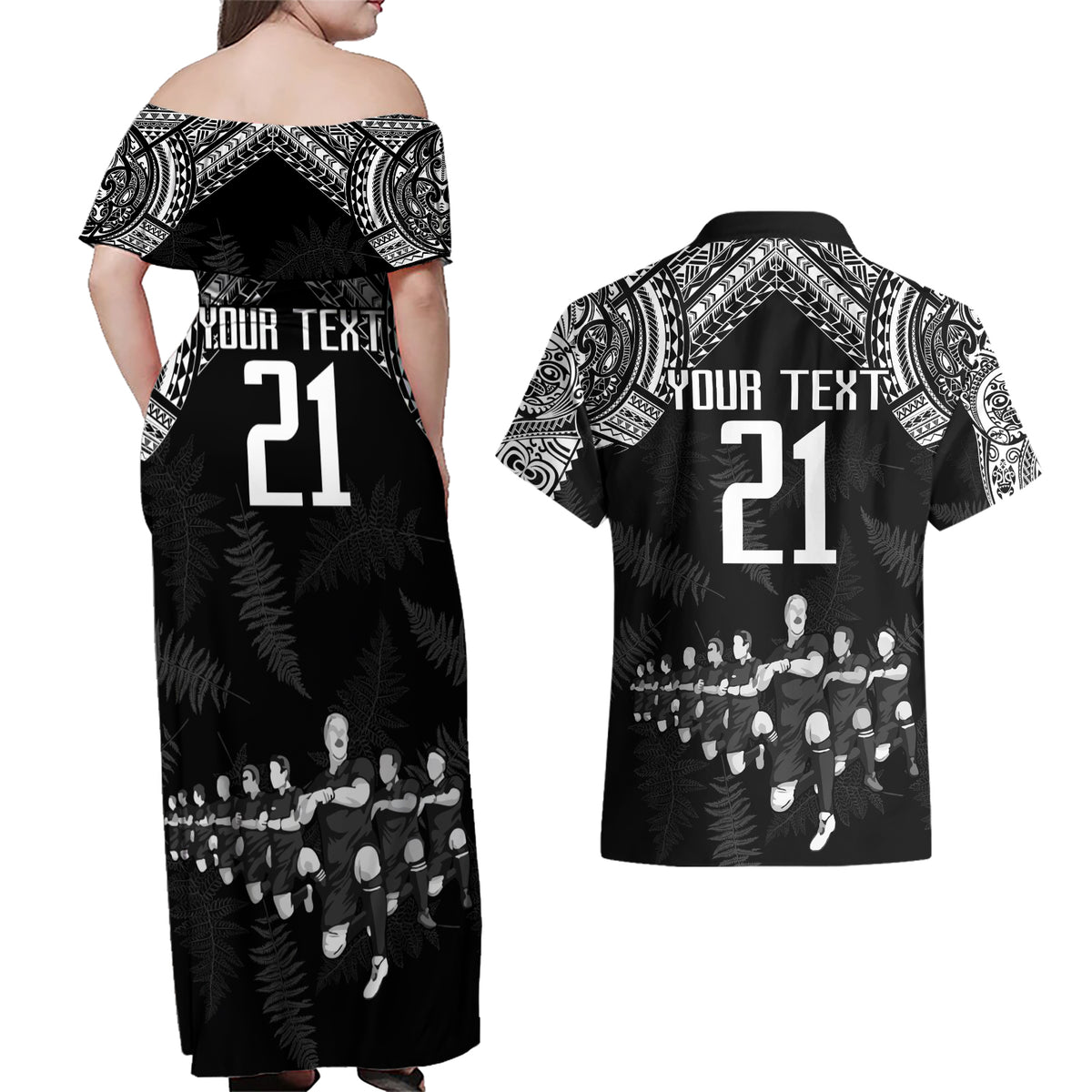 Custom NZ Rugby Couples Matching Off Shoulder Maxi Dress and Hawaiian Shirt Kapa Opango Maori Haka With Years of The All Black Champions LT9 - Wonder Print Shop