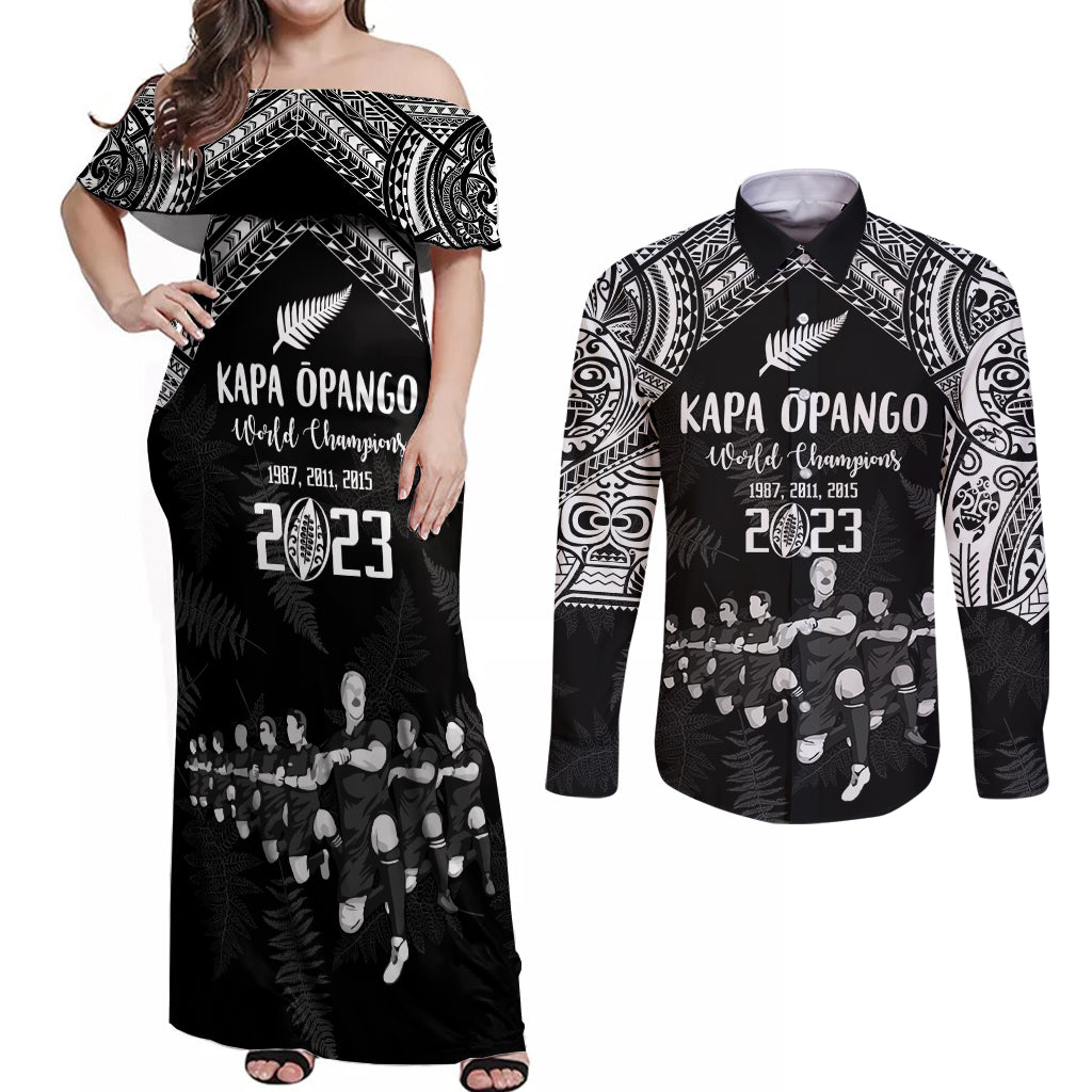 Custom NZ Rugby Couples Matching Off Shoulder Maxi Dress and Long Sleeve Button Shirt Kapa Opango Maori Haka With Years of The All Black Champions LT9 - Wonder Print Shop