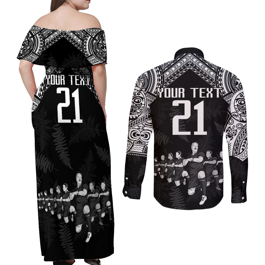 Custom NZ Rugby Couples Matching Off Shoulder Maxi Dress and Long Sleeve Button Shirt Kapa Opango Maori Haka With Years of The All Black Champions LT9 - Wonder Print Shop