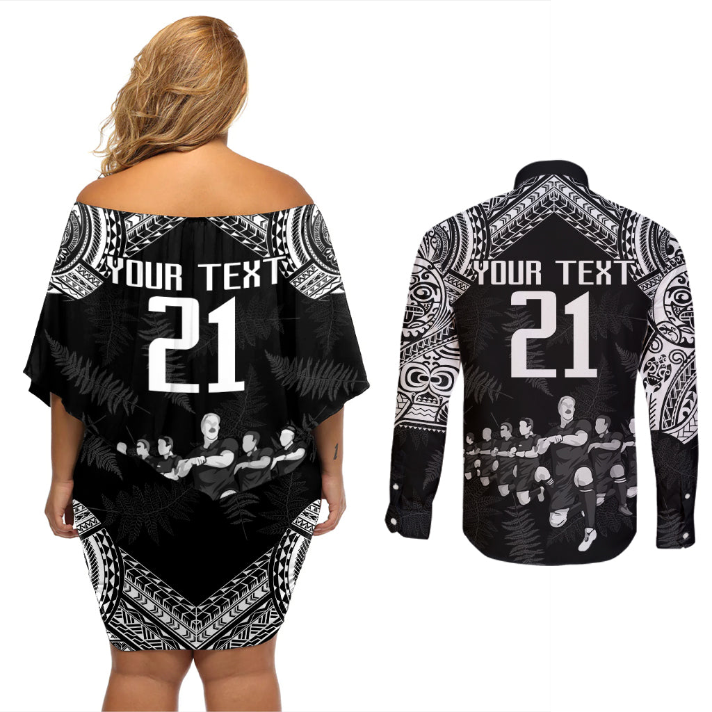 Custom NZ Rugby Couples Matching Off Shoulder Short Dress and Long Sleeve Button Shirt Kapa Opango Maori Haka With Years of The All Black Champions LT9 - Wonder Print Shop