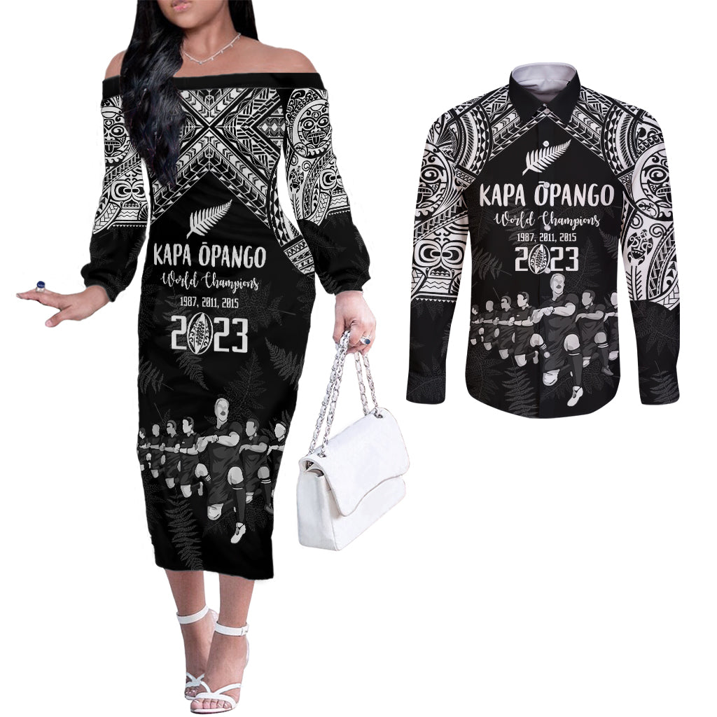 custom-nz-rugby-couples-matching-off-the-shoulder-long-sleeve-dress-and-long-sleeve-button-shirt-kapa-opango-maori-haka-with-years-of-the-all-black-champions