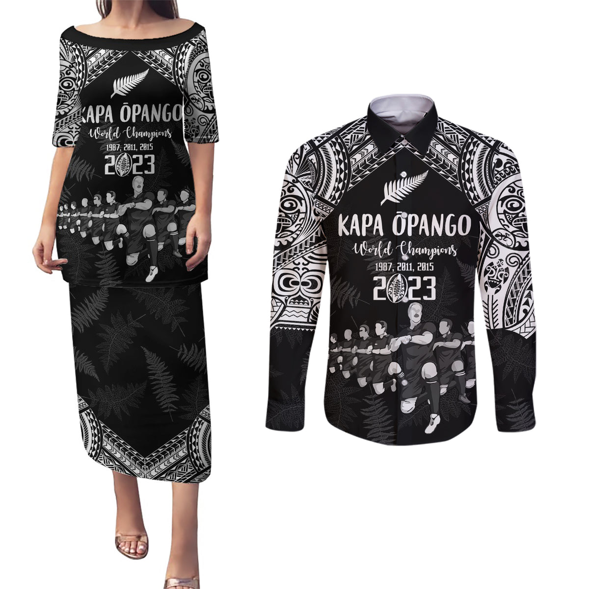 Custom NZ Rugby Couples Matching Puletasi Dress and Long Sleeve Button Shirt Kapa Opango Maori Haka With Years of The All Black Champions LT9 - Wonder Print Shop
