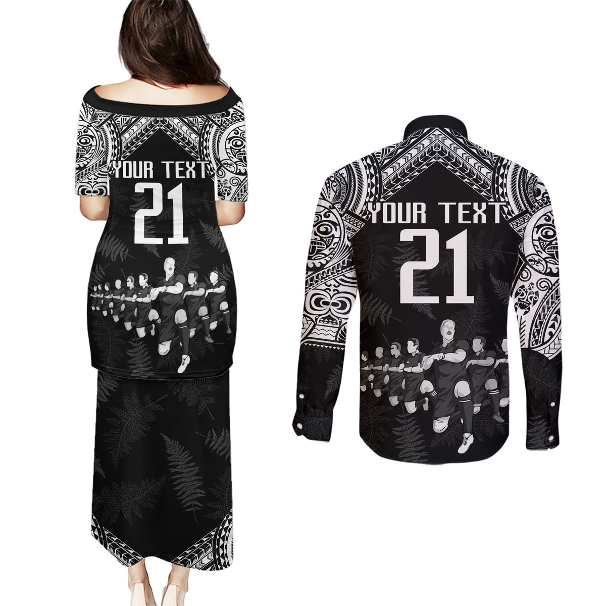 Custom NZ Rugby Couples Matching Puletasi Dress and Long Sleeve Button Shirt Kapa Opango Maori Haka With Years of The All Black Champions LT9 - Wonder Print Shop