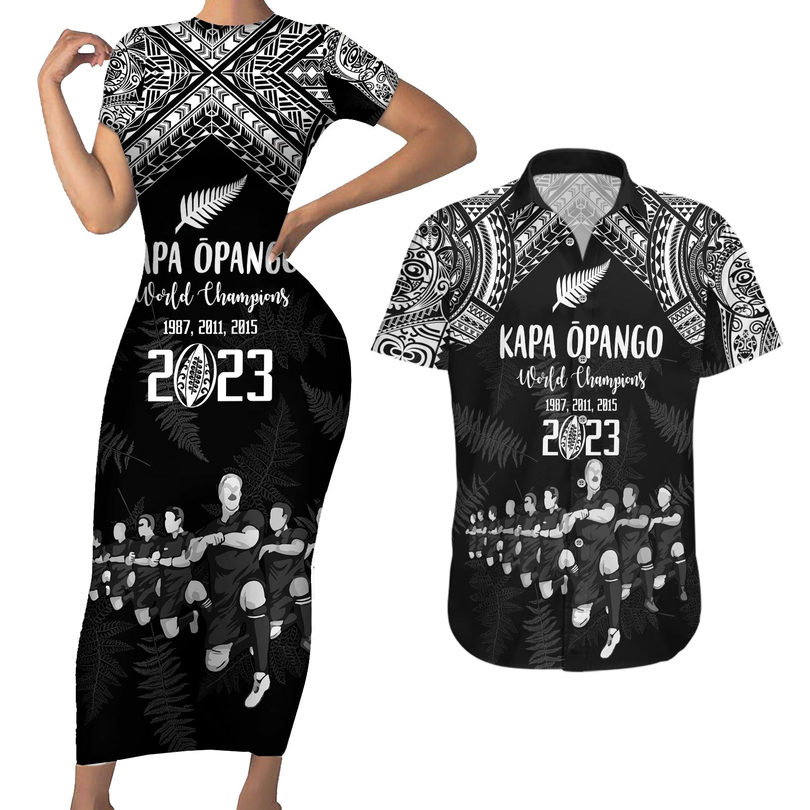 Custom NZ Rugby Couples Matching Short Sleeve Bodycon Dress and Hawaiian Shirt Kapa Opango Maori Haka With Years of The All Black Champions LT9 - Wonder Print Shop