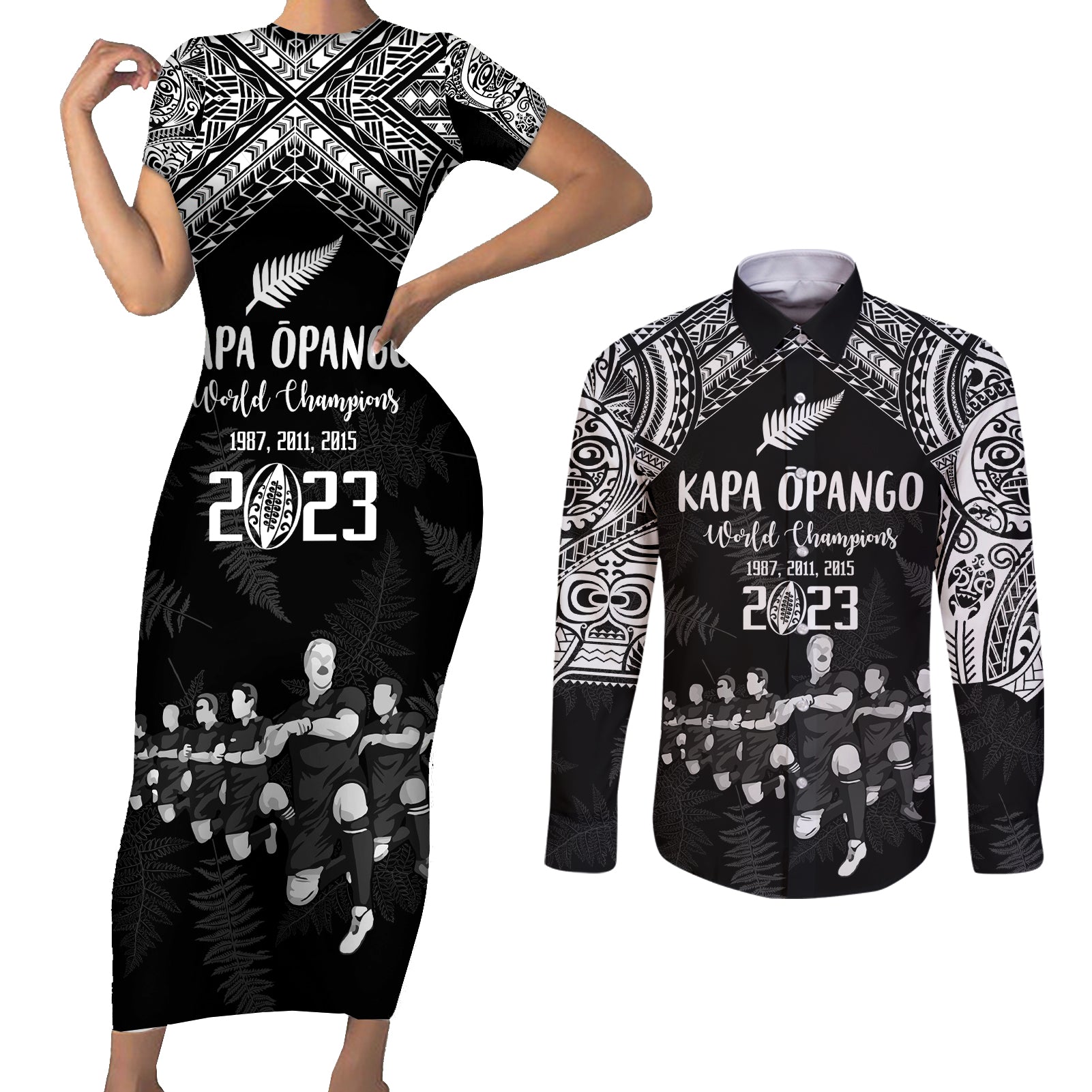 Custom NZ Rugby Couples Matching Short Sleeve Bodycon Dress and Long Sleeve Button Shirt Kapa Opango Maori Haka With Years of The All Black Champions LT9 - Wonder Print Shop