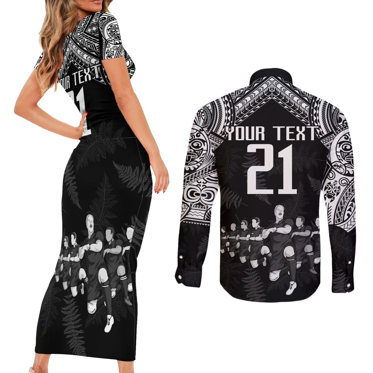 Custom NZ Rugby Couples Matching Short Sleeve Bodycon Dress and Long Sleeve Button Shirt Kapa Opango Maori Haka With Years of The All Black Champions LT9 - Wonder Print Shop