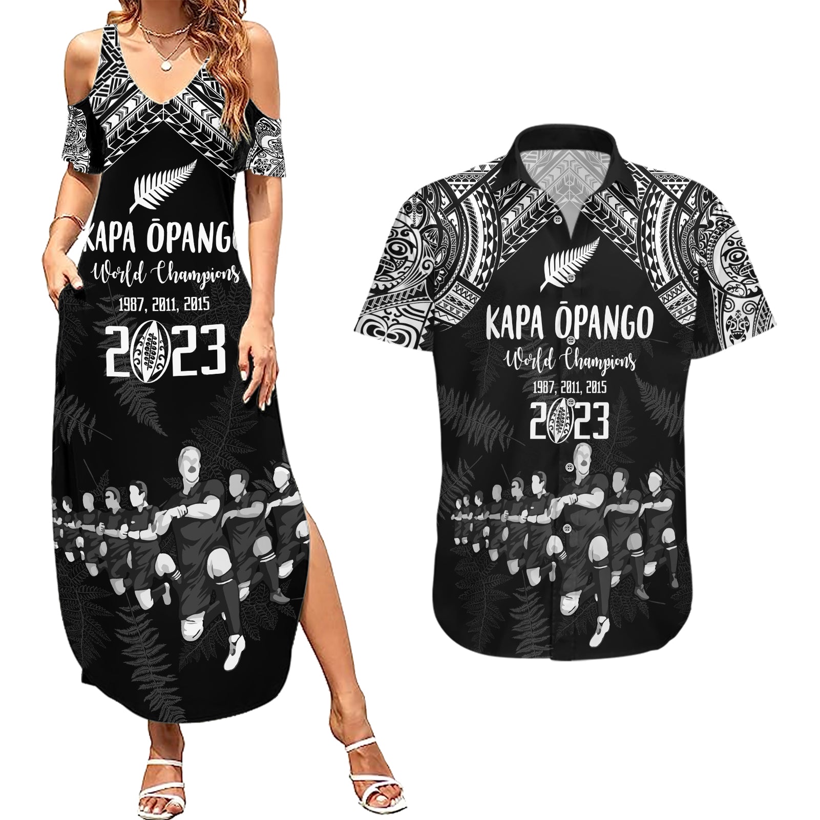 Custom NZ Rugby Couples Matching Summer Maxi Dress and Hawaiian Shirt Kapa Opango Maori Haka With Years of The All Black Champions LT9 - Wonder Print Shop