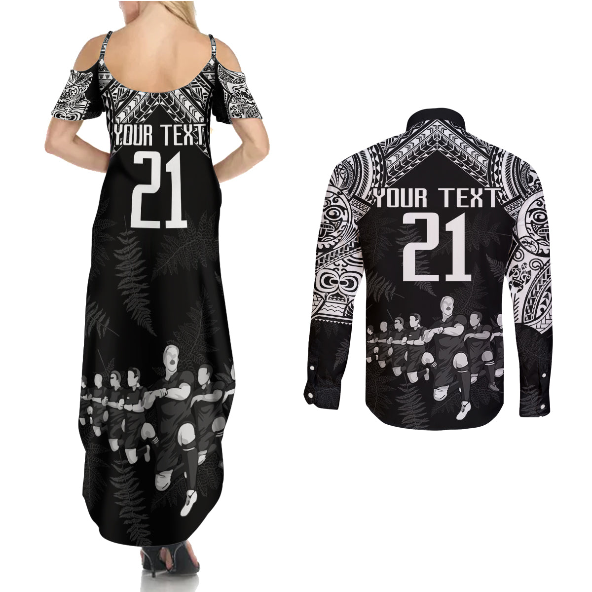 Custom NZ Rugby Couples Matching Summer Maxi Dress and Long Sleeve Button Shirt Kapa Opango Maori Haka With Years of The All Black Champions LT9 - Wonder Print Shop