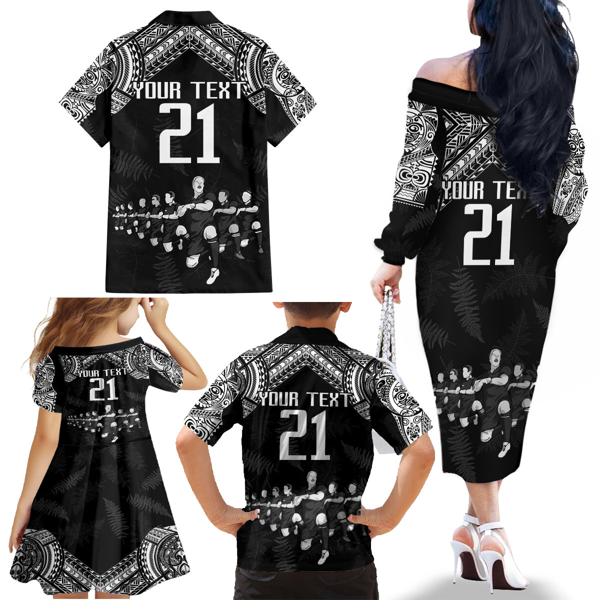 Custom NZ Rugby Family Matching Off Shoulder Long Sleeve Dress and Hawaiian Shirt Kapa Opango Maori Haka With Years of The All Black Champions - Wonder Print Shop