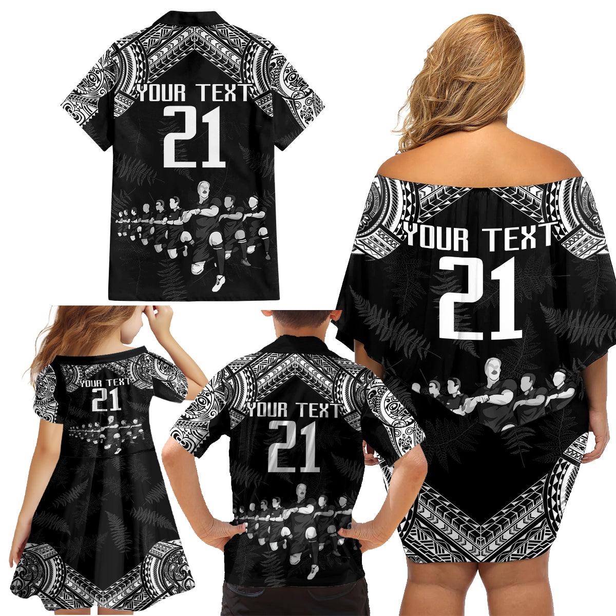 Custom NZ Rugby Family Matching Off Shoulder Short Dress and Hawaiian Shirt Kapa Opango Maori Haka With Years of The All Black Champions LT9 - Wonder Print Shop