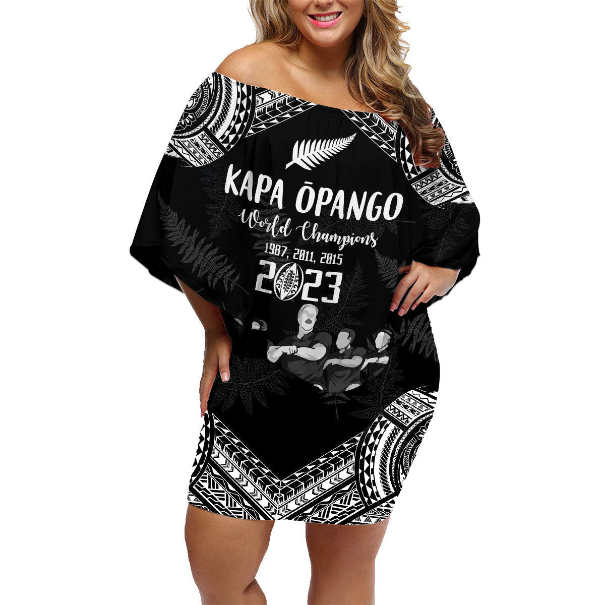 Custom NZ Rugby Family Matching Off Shoulder Short Dress and Hawaiian Shirt Kapa Opango Maori Haka With Years of The All Black Champions LT9 - Wonder Print Shop