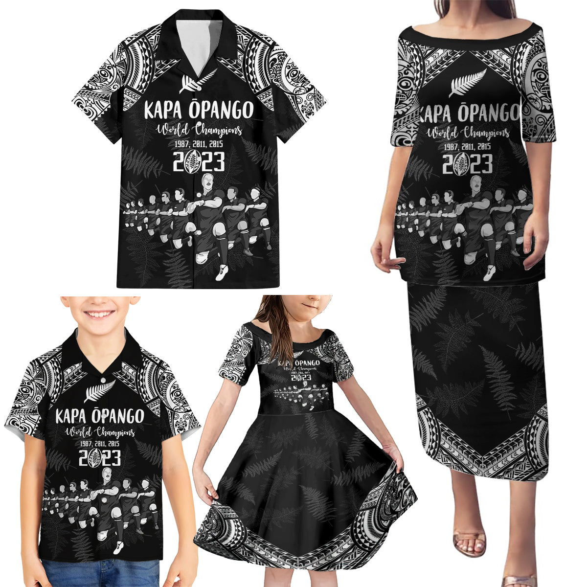 Custom NZ Rugby Family Matching Puletasi Dress and Hawaiian Shirt Kapa Opango Maori Haka With Years of The All Black Champions - Wonder Print Shop