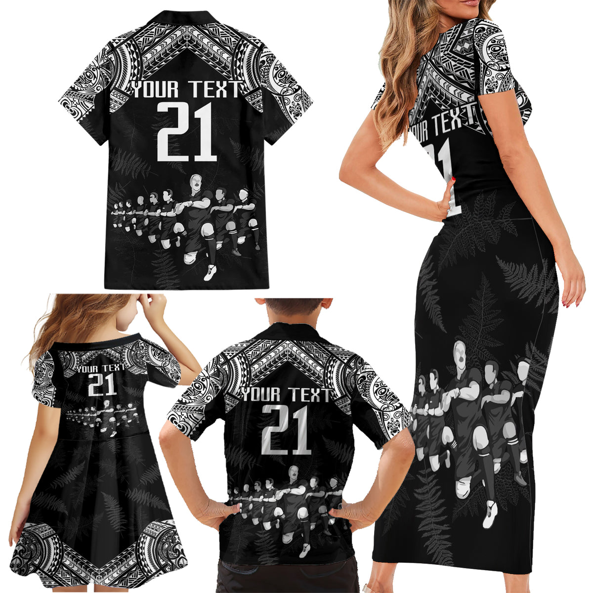 Custom NZ Rugby Family Matching Short Sleeve Bodycon Dress and Hawaiian Shirt Kapa Opango Maori Haka With Years of The All Black Champions - Wonder Print Shop