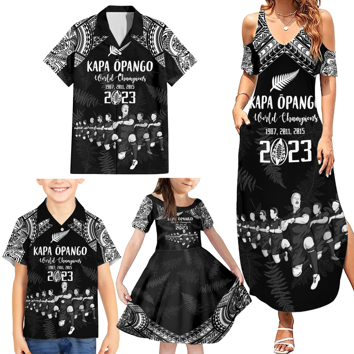 Custom NZ Rugby Family Matching Summer Maxi Dress and Hawaiian Shirt Kapa Opango Maori Haka With Years of The All Black Champions - Wonder Print Shop