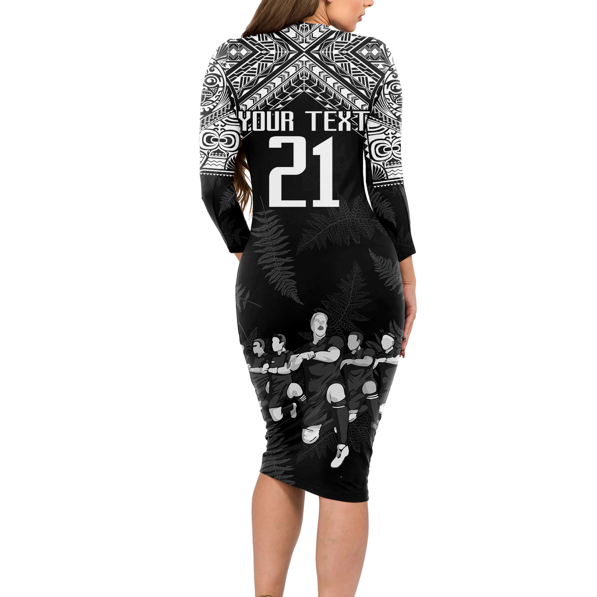 Custom NZ Rugby Long Sleeve Bodycon Dress Kapa Opango Maori Haka With Years of The All Black Champions - Wonder Print Shop