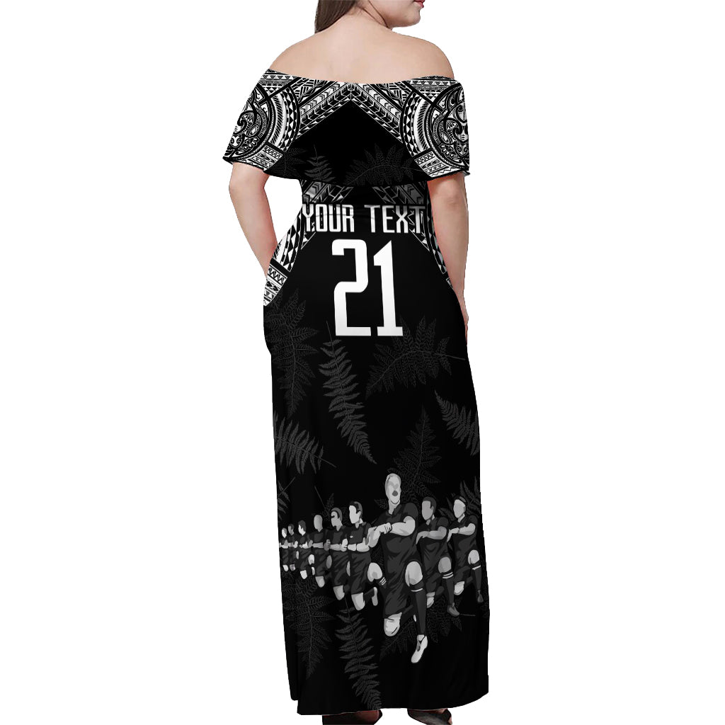 Custom NZ Rugby Off Shoulder Maxi Dress Kapa Opango Maori Haka With Years of The All Black Champions - Wonder Print Shop