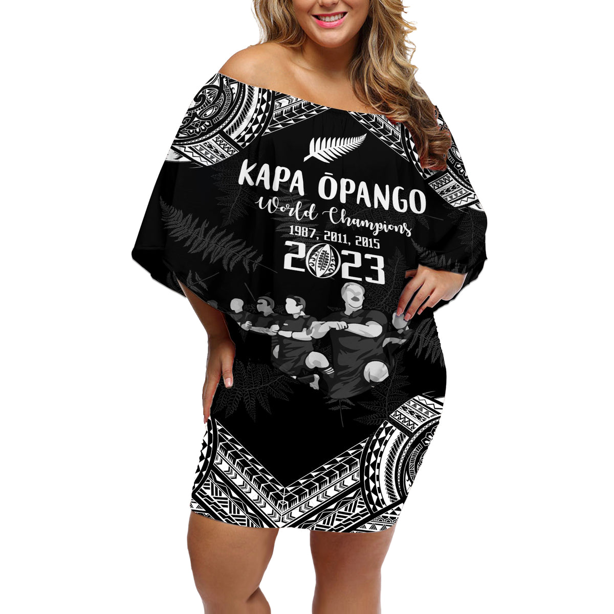 Custom NZ Rugby Off Shoulder Short Dress Kapa Opango Maori Haka With Years of The All Black Champions - Wonder Print Shop