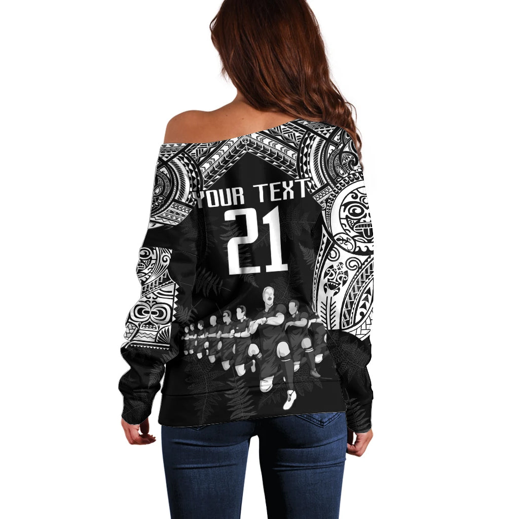 Custom NZ Rugby Off Shoulder Sweater Kapa Opango Maori Haka With Years of The All Black Champions - Wonder Print Shop