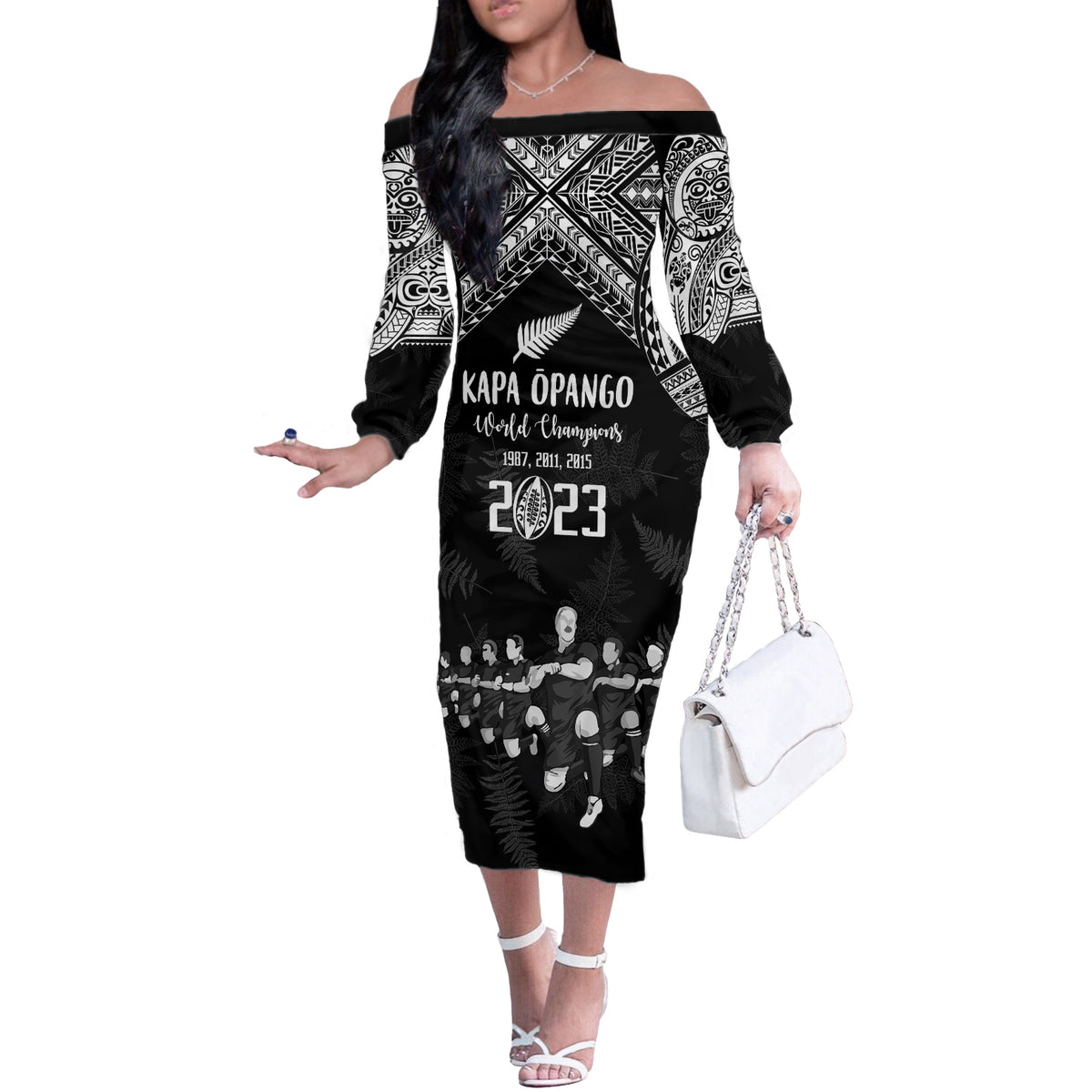 Custom NZ Rugby Off The Shoulder Long Sleeve Dress Kapa Opango Maori Haka With Years of The All Black Champions - Wonder Print Shop